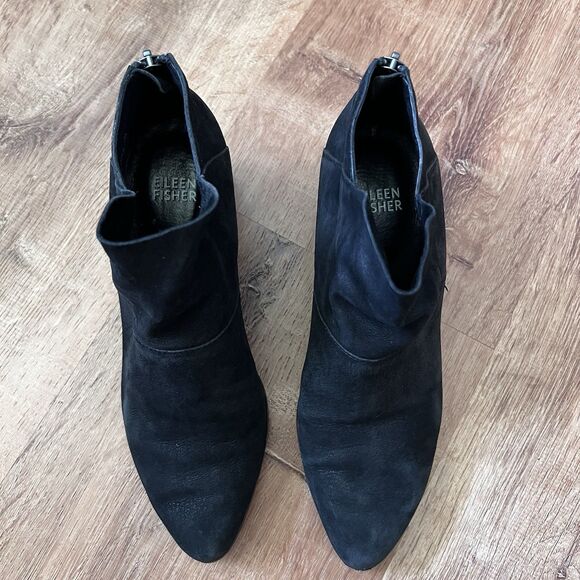 Eileen Fisher Vero Cuoio Suede Leather Ankle Block Heel Booties Women Sz 7 Black - Picture 2 of 12